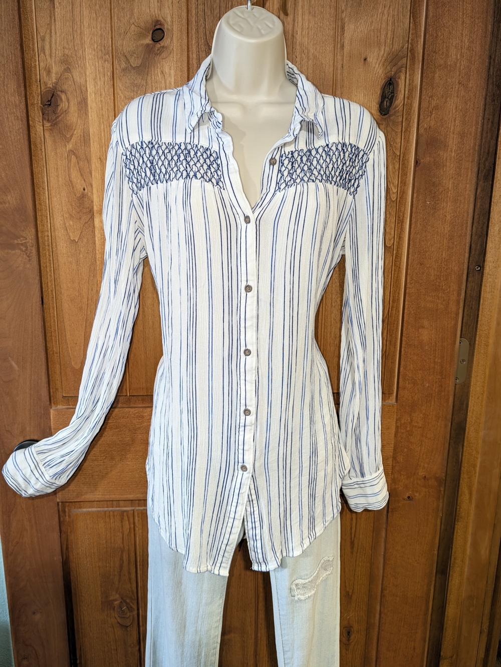 Shyanne White & Blue Striped Button-Down Shirt With Embroidered Yoke
